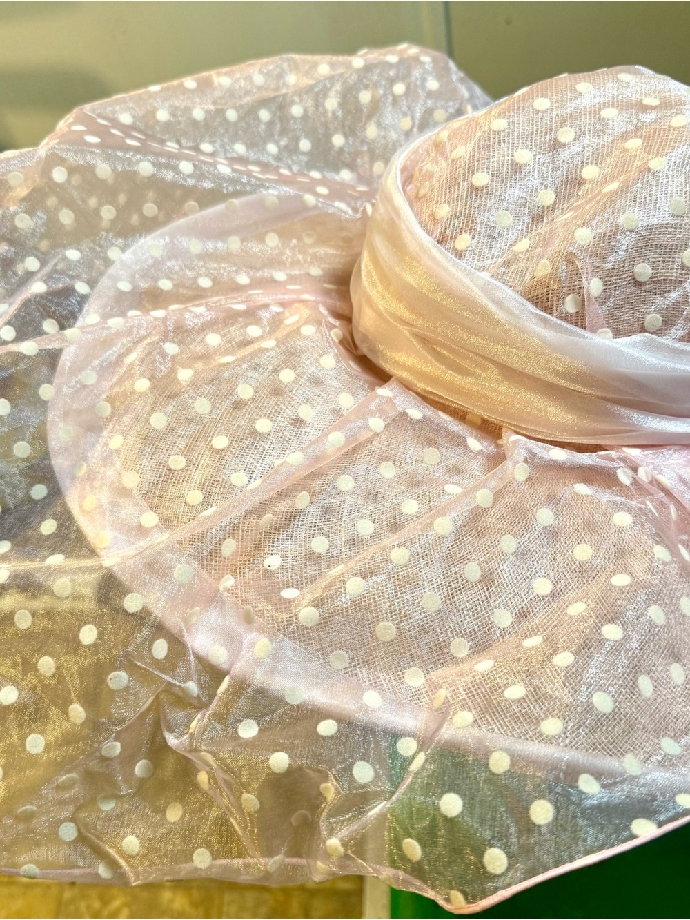 Vintage Sheer Pink Polka Dot Wide-Brim Sun Hat